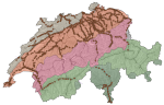 Verteilung der analysierten SBB-Bahnhöfe (braune Punkte) in den fünf Naturräumen der Schweiz